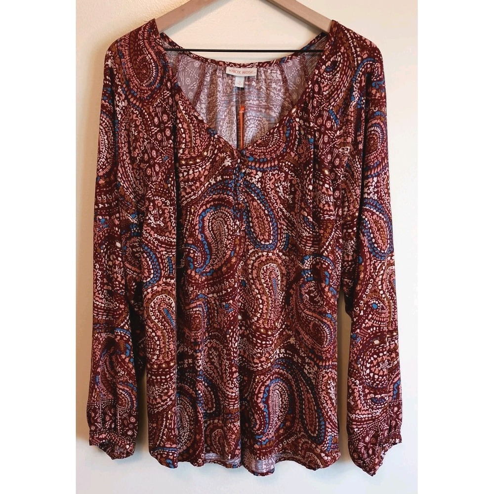 Knox Rose Blouse XL Paisley Boho Balloon Sleeve Burgundy Flowy NWT